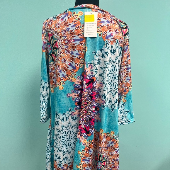 suvimuga green & peach medallion pocket 3/4 sleeves swing dress size L. - Picture 4 of 6